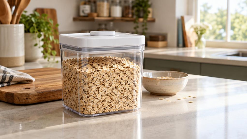 A photograph of a single clear, square airtight food container resting on a pale stone kitchen counter, filled with golden rolled oats. Its transparent sides and broad white push-button lid are sharply in focus, with a few oats visible near the base. The container is the hero of a relaxed, lived-in kitchen scene, positioned beside a wooden cutting board and a small ceramic bowl; softly blurred shelves, jars, and a sunlit window recede in the background. Natural morning light 