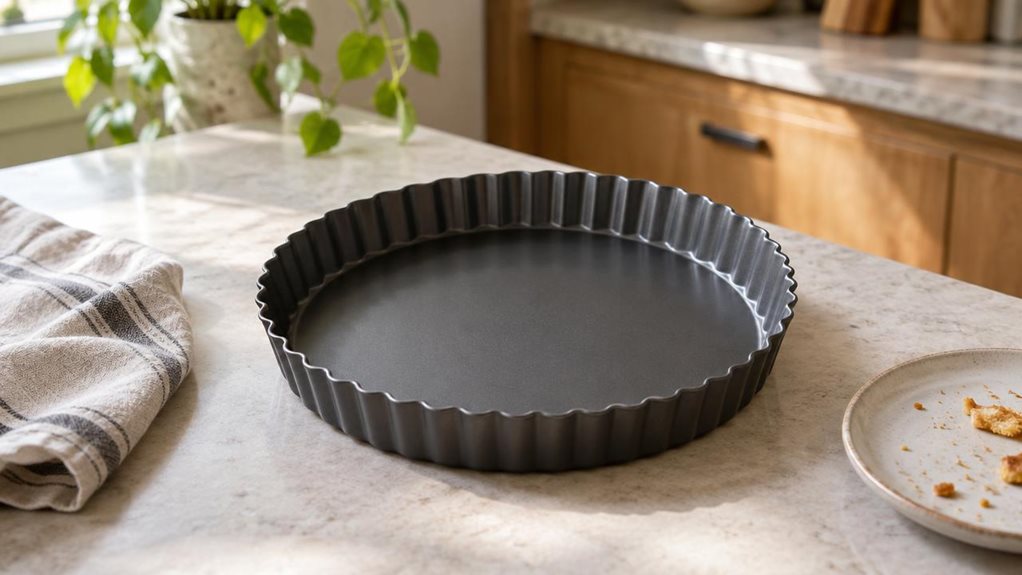 A photograph of a single fluted tart tin resting on a pale stone kitchen counter, composed as a horizontal 16:9 landscape scene. The dark, non-stick metal tin is the clear hero, its gently scalloped rim and smooth interior catching soft window light. Nearby, a folded linen tea towel and a small plate with a few crumbs suggest a recently enjoyed bake, while remaining unobtrusive. The setting feels like a calm, lived-in home kitchen, with warm wood cabinetry and a hint of green