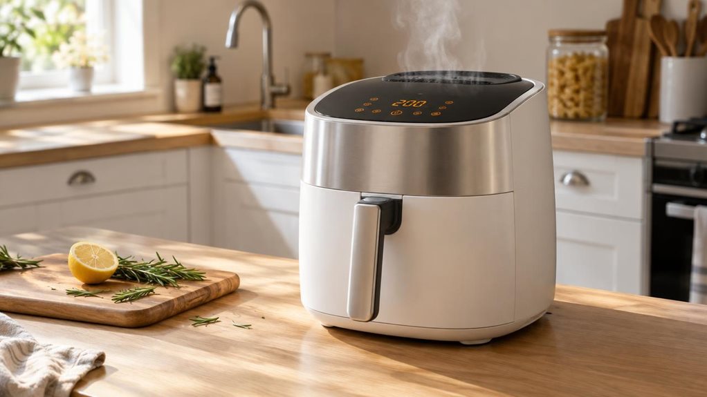 A photograph of a sleek, compact air fryer resting on a light oak kitchen countertop, positioned slightly off-center in the frame within a sunlit modern kitchen. The device features a rounded rectangular body in matte white with a brushed silver accent panel and a digital display on top, currently showing a warm orange glow from its control panel. Steam gently rises from the vented top, suggesting recent use. Beside it, a wooden cutting board holds a few scattered sprigs of r