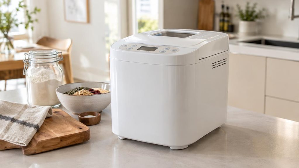 A photograph of a sleek, white automatic bread maker placed naturally on a modern kitchen counter in a bright, lived-in home, framed in a horizontal 16:9 landscape composition. The appliance sits slightly off-center as the clear focal point, with its glossy lid, subtle control panel, and clean rectangular silhouette rendered in sharp detail. Around it, the environment feels quietly domestic: a wooden cutting board, a folded linen towel, a glass jar of flour, and a bowl of mix