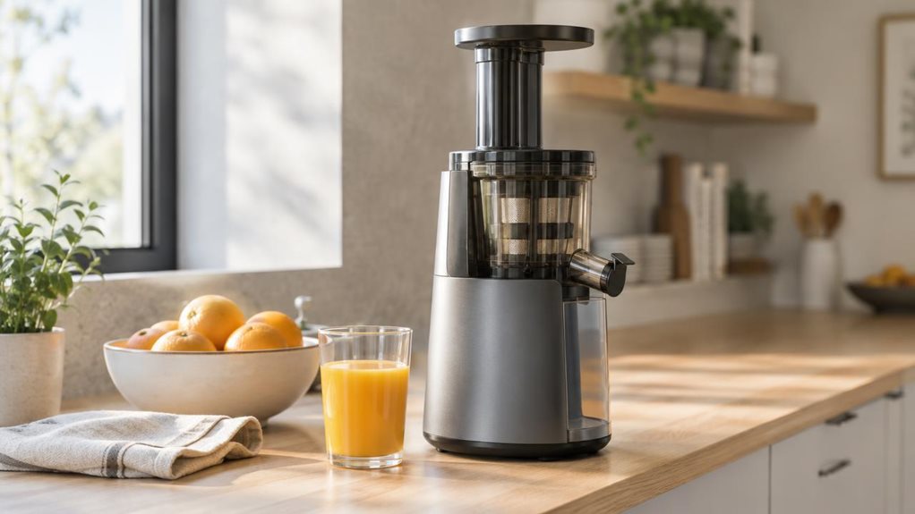 A photograph of a modern slow juicer styled for a home kitchen, shown in a horizontally composed 16:9 landscape scene on a clean light-wood countertop near a matte stone backsplash and a sunlit window. The unbranded appliance sits naturally among a ceramic bowl of oranges, a folded linen towel, and a clear glass of freshly pressed juice, suggesting a quiet morning routine rather than active use. The product is heroed in the foreground with crisp detail on its smooth housing,