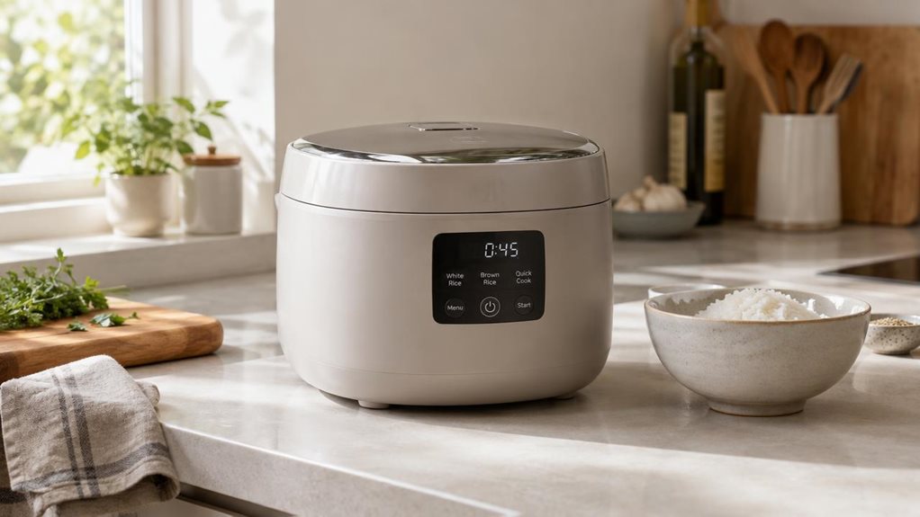 A photograph of a sleek, modern rice cooker placed naturally on a bright kitchen countertop in a horizontally composed 16:9 landscape scene, captured as if in a casual home-lifestyle review. The compact appliance sits near a cutting board and a folded linen towel, with a ceramic bowl of freshly steamed rice nearby and a few subtle kitchen details softly receding into the background. Warm natural daylight from a side window washes across the matte-finished body and reflective