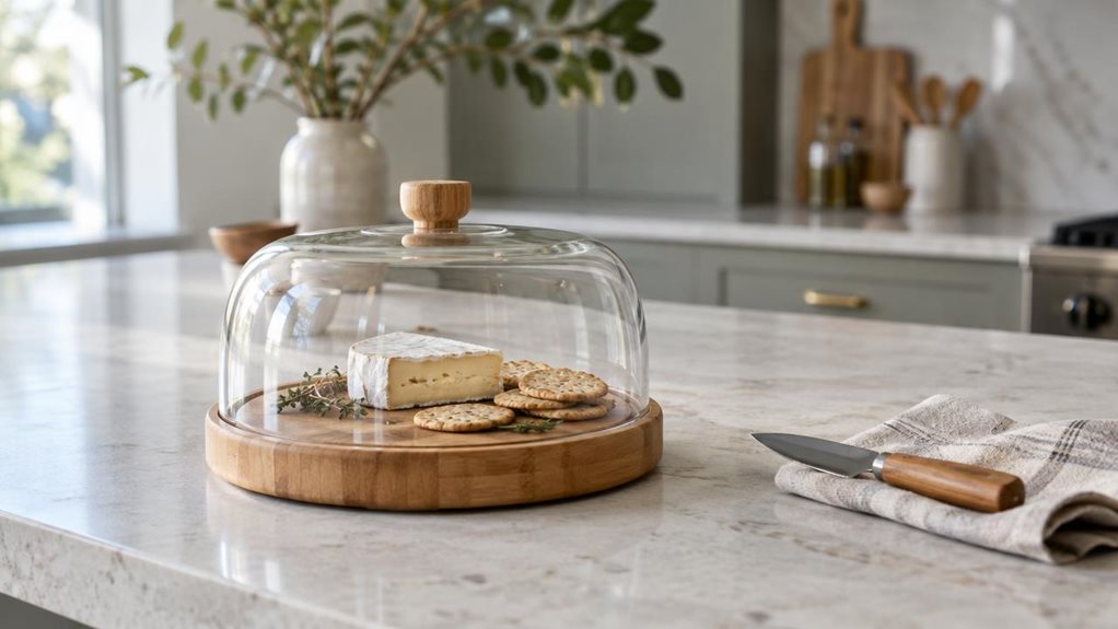 A photograph of a single cheese box with a clear glass dome and a round bamboo tray, resting naturally on a pale stone kitchen island. Beneath the dome, a small wedge of creamy cheese and a few crackers create an inviting, everyday presentation. The bamboo grain and gentle curve of the glass catch the soft morning light from a nearby window, with subtle reflections that make the materials feel true to life. A folded linen napkin and a small cheese knife sit nearby, casually a