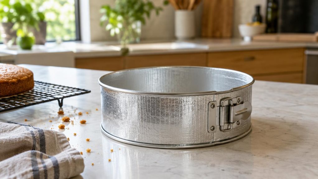 A photograph of a permanent baking foil springform tin set on a pale stone kitchen counter, shown in a horizontally composed 16:9 landscape scene. The single round tin is the clear hero, its sturdy, reusable foil sides and clasp catching the gentle daylight from a nearby window. A cooling rack, folded linen tea towel, and a few scattered crumbs sit naturally nearby, suggesting a well-used home kitchen without making the scene feel staged. The background reveals a softly blurr