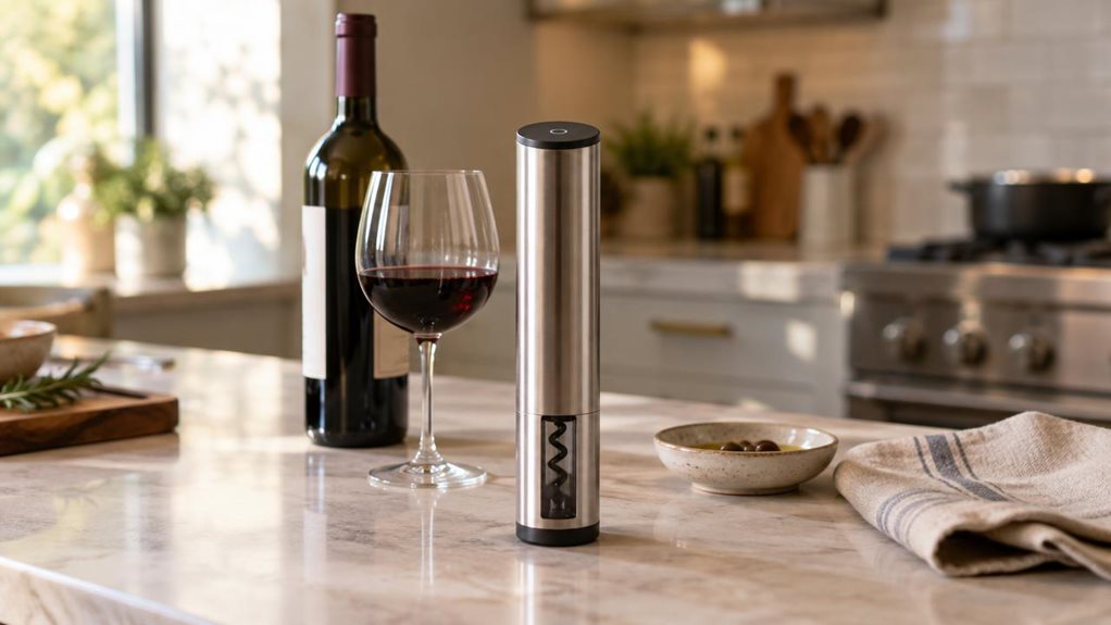 A photograph of a single sleek electric corkscrew resting upright on a pale stone kitchen island, beside a partly filled wineglass and a closed bottle of red wine. The product has a refined brushed-metal body, a dark touch-sensitive top, and a subtle transparent window near its base, with no visible logo or lettering. In the softly lived-in setting, a folded linen napkin and a small ceramic dish sit nearby, suggesting an evening meal without looking staged. The scene is horiz