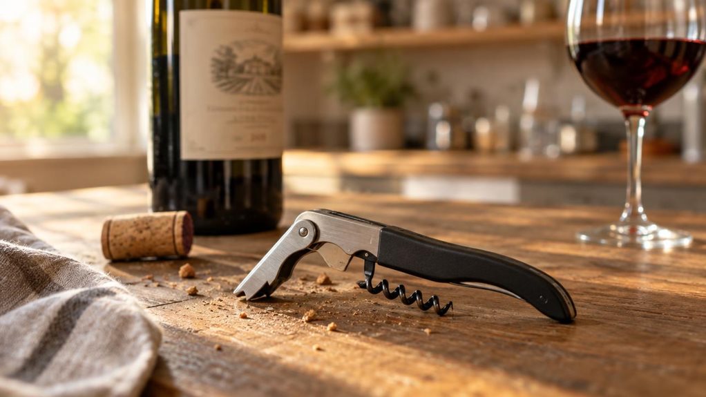 A photograph of a Peugeot Lavelin waiter's corkscrew resting on a weathered oak countertop in a sunlit kitchen, its stainless steel body and matte black accents catching the warm afternoon light. The folded design lies naturally beside an uncorked bottle of red wine, its label softly blurred in the background, and a single wine glass filled halfway sits just out of focus to the right. Crumbs of cork rest near the corkscrew's worm, suggesting recent use, while a linen napkin i