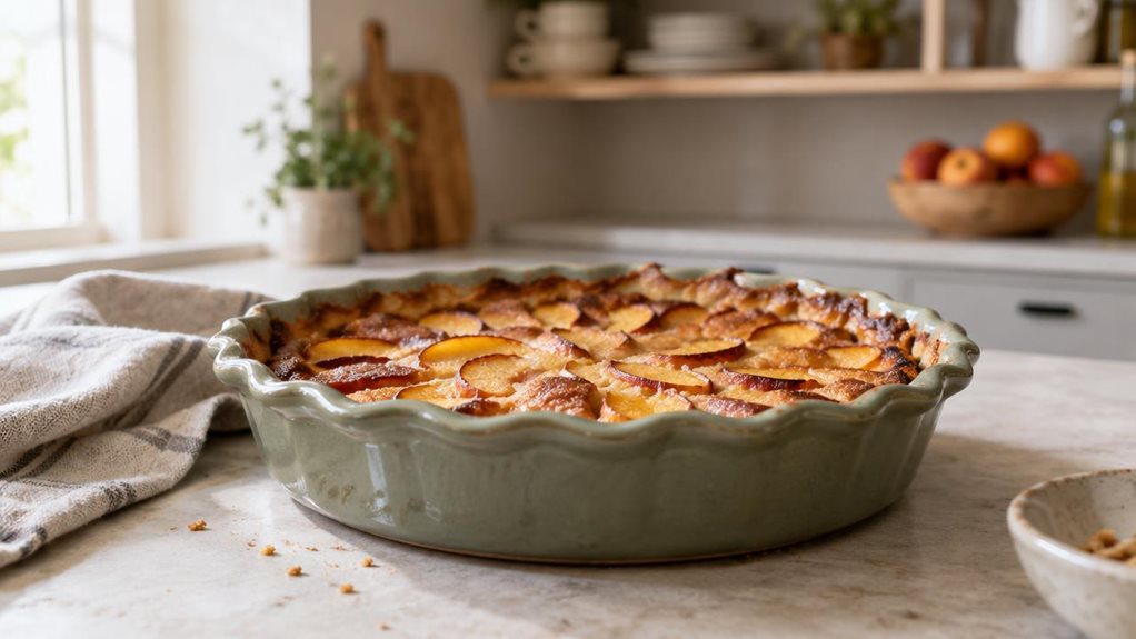 A photograph of a single ceramic pie dish resting on a pale stone kitchen counter, its gently scalloped rim and muted sage glaze catching the soft morning light. A freshly baked golden fruit tart sits inside, with a few crumbs and a linen tea towel nearby, suggesting a relaxed home kitchen rather than a staged display. In the softly blurred background, simple open shelving, a wooden cutting board, and a small bowl of fruit create a calm, modern setting. The dish is the clear 