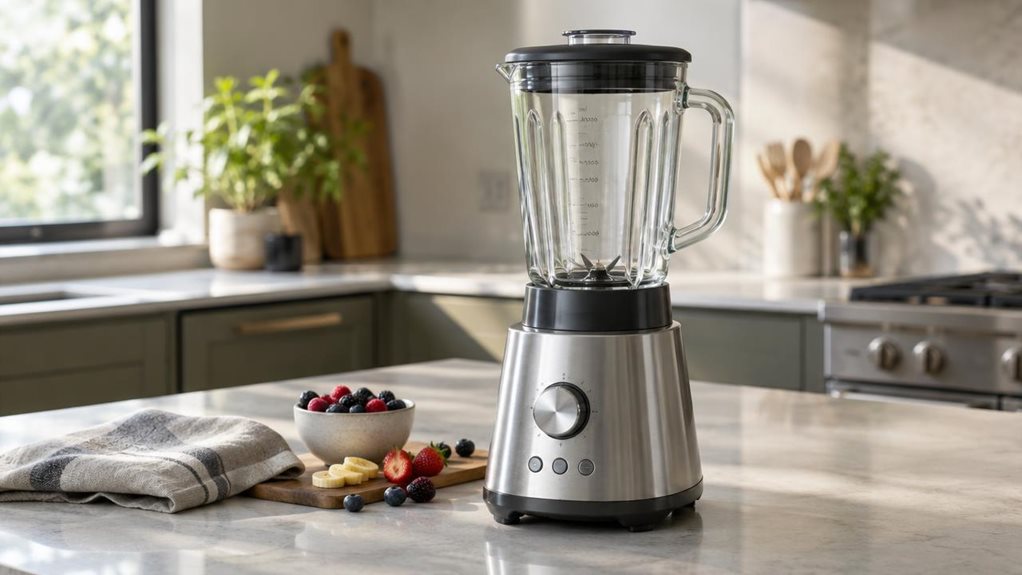 A photograph of a single high-powered countertop blender resting on a pale stone kitchen island, composed as a horizontally framed 16:9 landscape scene. The blender has a substantial clear glass jar with sturdy measurement markings, a dark fitted lid, and a sleek brushed-metal base with understated controls—suggesting 1500 W performance without displaying any text or logos. Nearby, a folded linen towel, a small bowl of berries, and a few sliced pieces of fruit make the settin