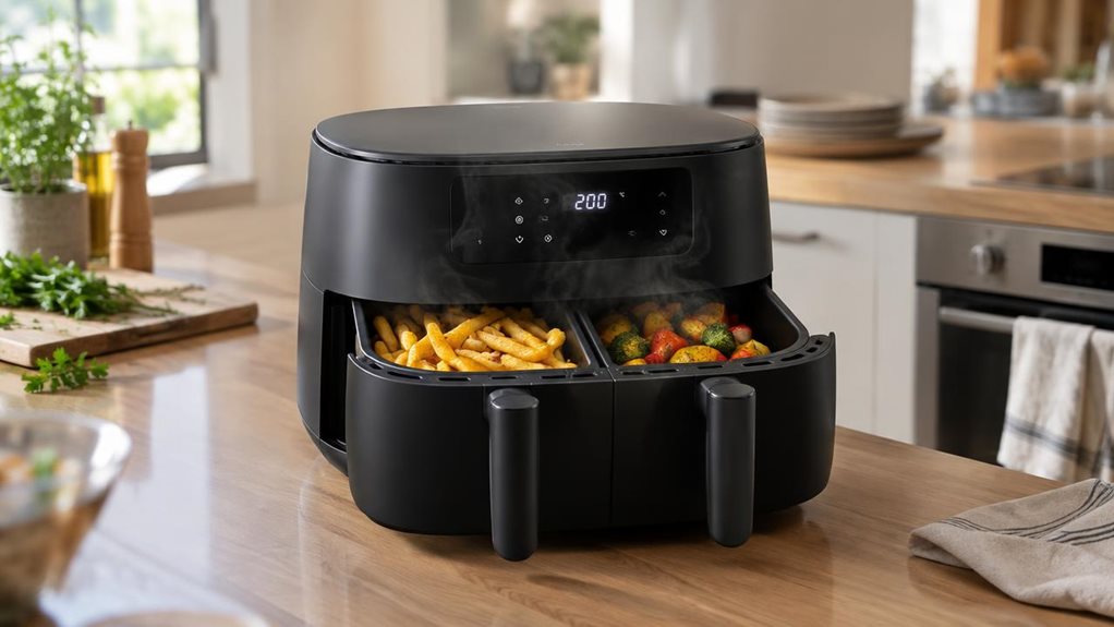 A photograph of a modern kitchen countertop bathed in soft, natural daylight streaming through a nearby window. The Philips Airfryer 1000 Series, with its matte black finish and sleek, rounded silhouette, sits prominently at the center of the frame, its 7.1 L dual-zone basket slightly ajar, revealing golden, crispy fries in one compartment and roasted vegetables in the other. Steam gently rises, catching the light. The digital display glows faintly, showing a simple temperatu