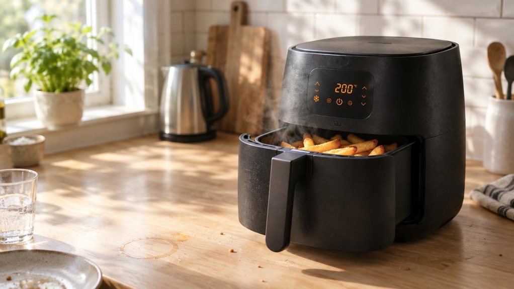 A photograph of a compact black air fryer resting on a light oak kitchen countertop, positioned slightly off-center to the right within a bright, airy kitchen. The 16:9 landscape composition captures soft morning sunlight streaming through a nearby window, casting gentle, diffused shadows across the textured matte surface of the appliance. The digital display glows faintly, showing a warm orange hue, while the pull-out drawer is slightly ajar, revealing golden, crispy fries i