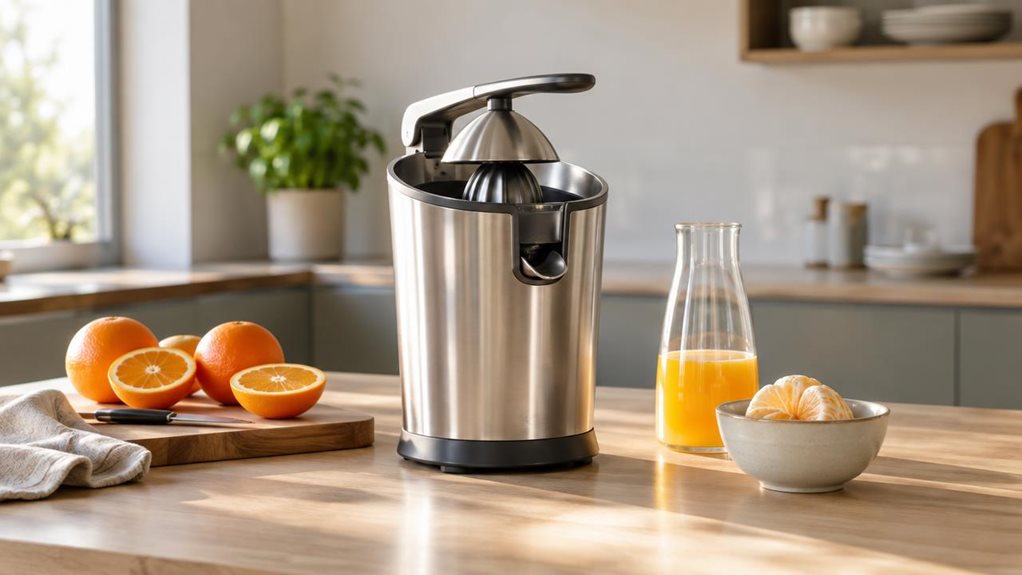 A photograph of a sleek stainless-steel juicer set naturally on a light oak kitchen counter in a modern, sunlit home, captured in a horizontal 16:9 landscape composition. The appliance is centered as the hero product, standing quietly beside a cutting board with neatly arranged oranges, a glass carafe, and a small bowl of peeled citrus, suggesting everyday use without any action in progress. Soft morning light spills across the countertop, creating gentle reflections on the b