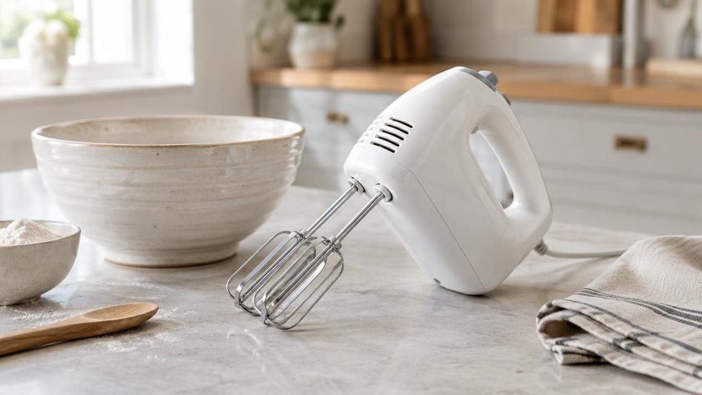A photograph of a single white hand mixer with polished metal beaters, resting neatly on a light stone countertop in a calm, modern home kitchen. The mixer is the clear hero, angled naturally beside a ceramic mixing bowl and a folded linen tea towel, as if someone has just set it down between baking steps. The scene feels candid and observational rather than staged or mid-action, with subtle everyday details—a wooden utensil and a small bowl of flour—softly suggesting its pur