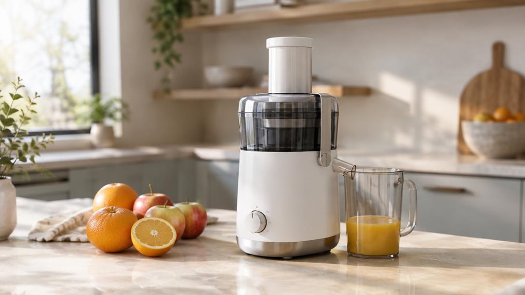 A photograph of a sleek white countertop juicer sitting naturally on a sunlit kitchen island in a horizontally composed 16:9 landscape scene. The product is centered slightly off to one side, framed as a real everyday appliance rather than a staged studio object, with a clear juice jug beside it and a few neatly arranged oranges, apples, and a halved citrus fruit nearby. The kitchen has a modern, airy aesthetic with pale stone countertops, matte cabinets, and subtle warm wood