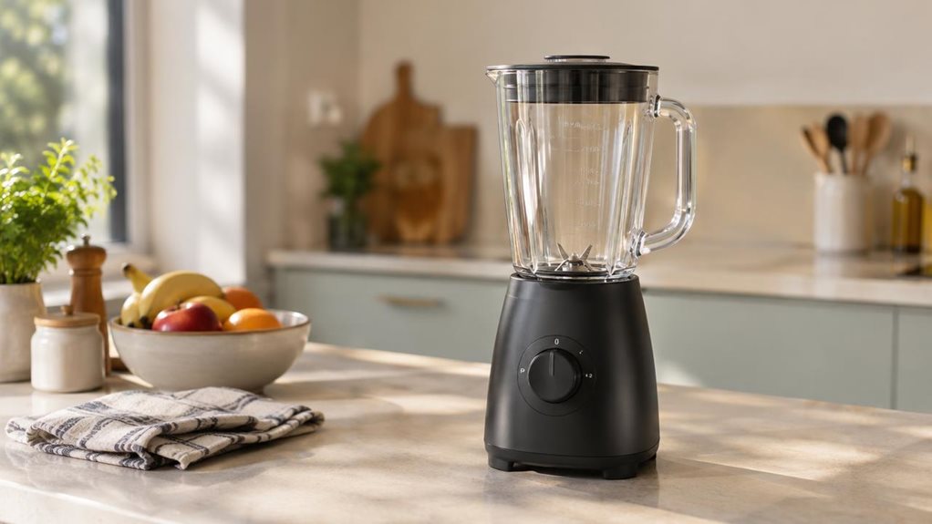 A photograph of a Philips HR2041/41 blender on a clean kitchen counter, composed horizontally in a 16:9 landscape frame. The blender is the single hero product: its compact, sturdy base and clear pitcher are sharply rendered, with realistic reflections and subtle details that make it feel naturally at home in a modern kitchen. Nearby, a folded tea towel, a small bowl of fruit, and a few everyday kitchen items add lived-in character without distracting from the blender. The sc
