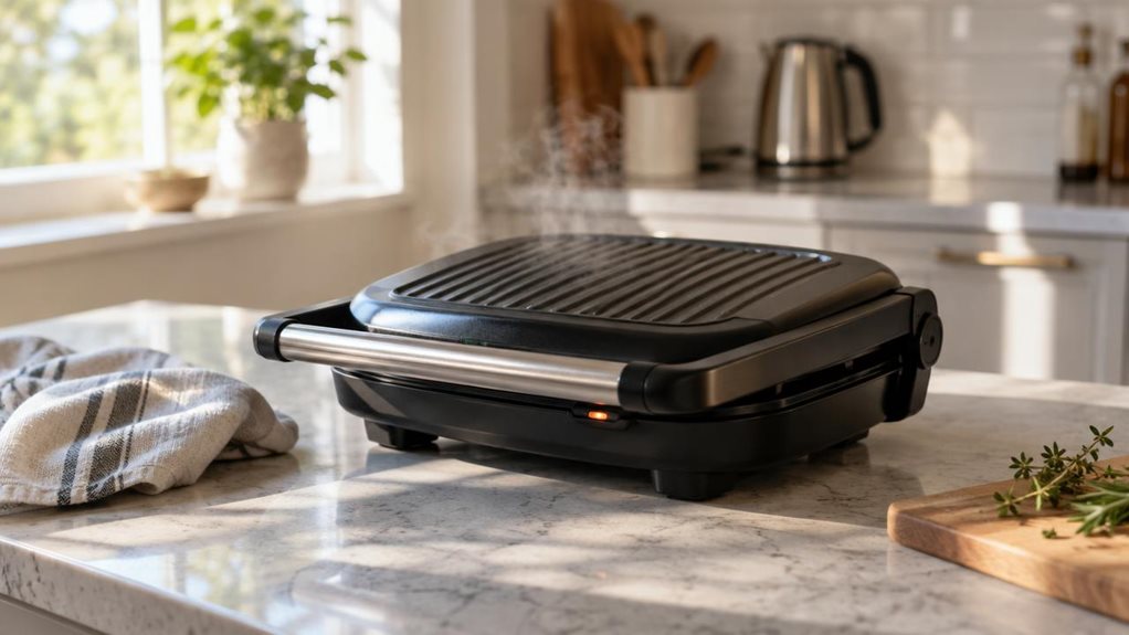 A photograph of a sleek black contact grill resting on a modern kitchen countertop, positioned slightly off-center in the frame. The grill's closed lid glistens faintly with residual steam, suggesting recent use, its ridged surface catching soft morning light streaming through a nearby window. A folded kitchen towel sits casually beside it, along with a small wooden cutting board holding a few sprigs of fresh herbs. In the background, softly blurred, are hints of a contempora