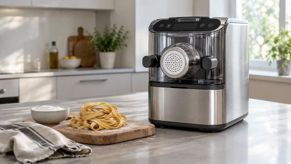 A photograph of a Philips PastaMaker 7000 Series set on a clean kitchen counter, composed horizontally in a 16:9 landscape frame. The pasta maker is the clear hero: a sleek, compact appliance with a brushed-metal finish, dark control panel, and subtle transparent details, shown at rest rather than in use. Nearby, a wooden board holds a loose nest of fresh pasta, with a small bowl of flour and a folded linen towel adding a casual, lived-in touch. The softly blurred background 