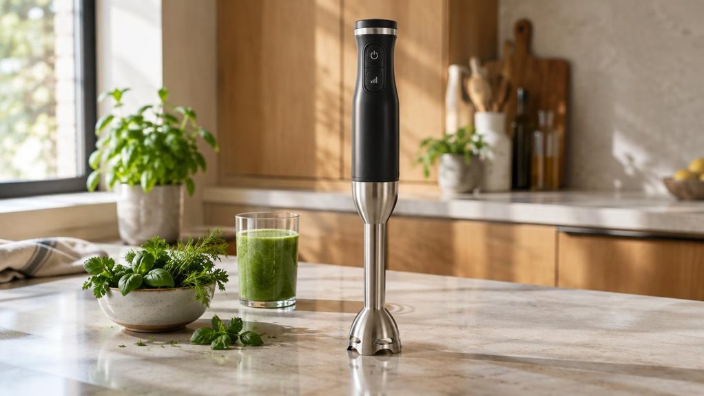 A photograph of a Philips 5000 Series hand blender resting upright on a pale stone countertop in a calm, modern home kitchen. The single blender is the clear hero, its sleek dark handle and stainless-steel blending shaft catching soft window light. Nearby, a small ceramic bowl of fresh herbs and a glass of green smoothie suggest its everyday use without making the scene feel staged. The horizontally composed 16:9 landscape frame is captured from a natural, slightly off-center