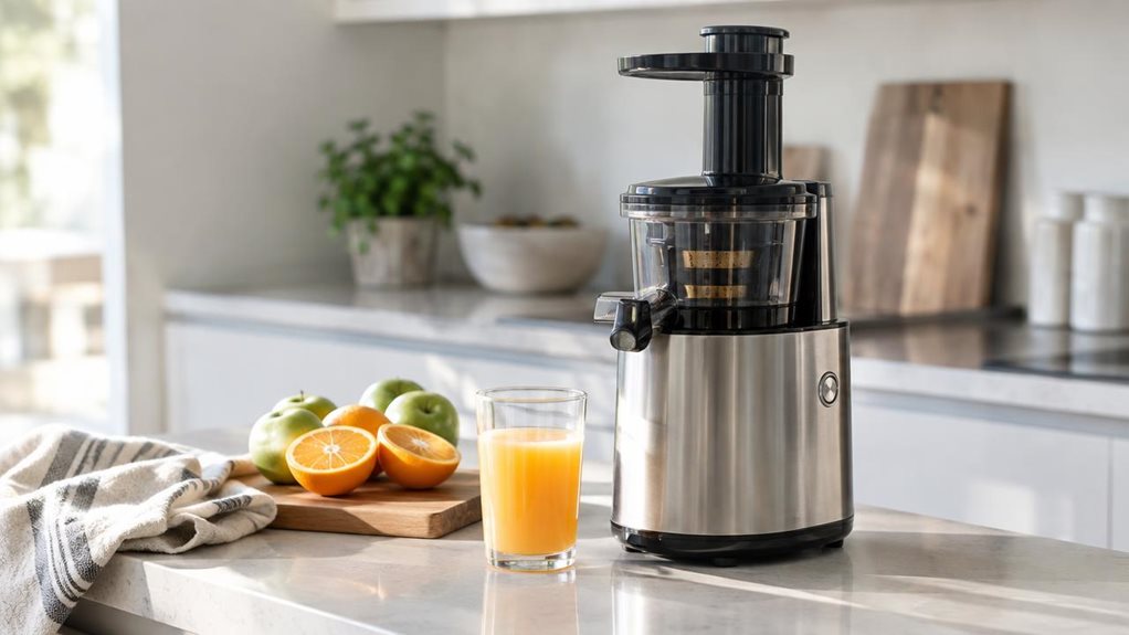 A photograph of a sleek stainless-steel slow juicer placed on a clean quartz kitchen counter in a bright, modern home, framed in a 16:9 landscape composition. The appliance sits naturally beside a small wooden cutting board with halved oranges, a few green apples, and a linen tea towel, suggesting a quiet morning routine rather than active use. Soft daylight streams through an off-frame window, creating gentle highlights on the brushed metal body and subtle shadows on the cou