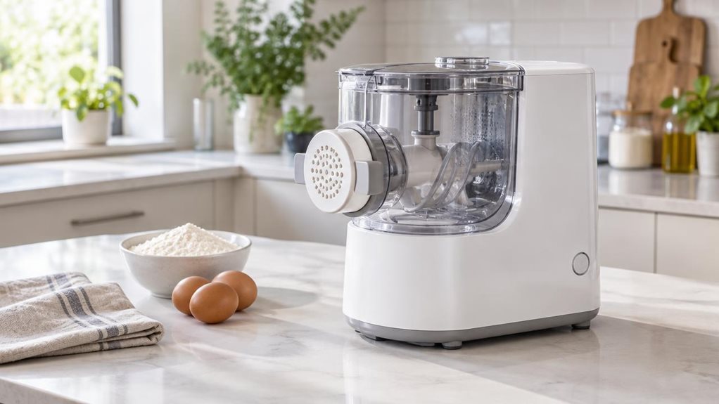 A photograph of a Philips Viva Collection HR2345/19 pasta maker resting on a clean kitchen counter in a bright, modern home. The single white appliance is the clear hero, shown at a natural three-quarter angle with its transparent mixing chamber and pasta-shaping components visible. Nearby, a small bowl of flour, a few eggs, and a neatly folded linen towel suggest a familiar pasta-making setting without making the scene feel staged or mid-action. Soft daylight falls across th