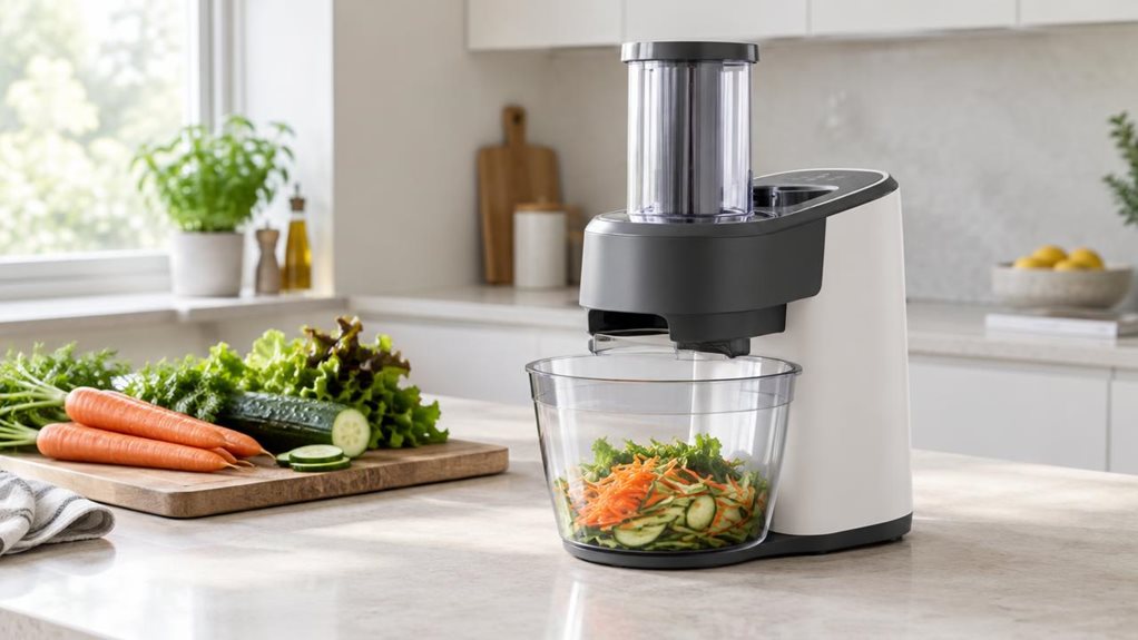 A photograph of a Philips Viva Collection-style salad maker resting on a light stone kitchen island in a bright, modern home. The single appliance is the clear hero: a compact white-and-charcoal unit with a broad feed tube, subtle controls, and a transparent bowl neatly positioned beneath its outlet. A few freshly washed vegetables—carrots, cucumber, and leafy greens—sit nearby on a wooden board, suggesting everyday meal preparation without showing anyone in action. The scene