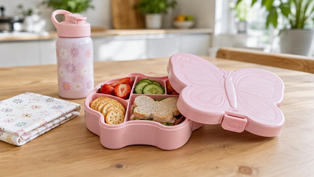 A photograph of a pastel pink butterfly-shaped children’s bento lunchbox resting on a light wooden kitchen table, ready for a school day. Its smooth, softly rounded lid features delicate butterfly-wing details and a small, easy-to-grip clasp; the lid is set slightly ajar to reveal neatly arranged compartments with strawberries, cucumber slices, crackers, and a small sandwich. A folded cotton napkin and a child-sized water bottle sit nearby, suggesting an everyday family kitch