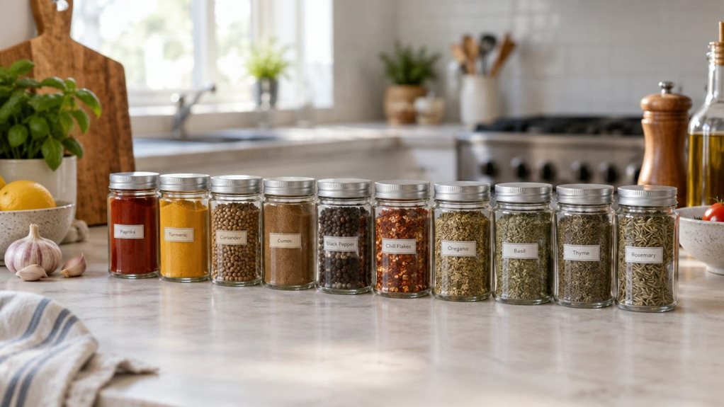 A photograph of a single set of ten clear glass spice jars arranged neatly on a light kitchen countertop, shown in a horizontally composed 16:9 landscape scene. Each jar has a simple matching lid and a small, understated label, with colorful spices—such as paprika, turmeric, peppercorns, and dried herbs—visible through the glass. The set is the clear hero, naturally at home beside a wooden cutting board and a few everyday cooking ingredients. A softly blurred, modern kitchen 