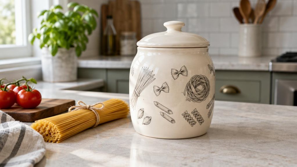 A photograph of a single cream-colored ceramic pasta canister resting on a pale stone kitchen countertop in a horizontally composed 16:9 landscape scene. Its gently rounded shape, fitted lid, and subtle dark sketch-style pasta illustrations are clearly visible, with no readable lettering or branding. A loose bundle of dried spaghetti sits nearby beside a small wooden board and a few tomatoes, creating a natural, lived-in kitchen setting without suggesting anyone is mid-action