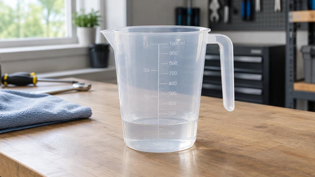 A photograph of a single translucent 1-liter PVC measuring cup resting on a clean workbench in a well-kept garage, composed as a horizontal 16:9 landscape scene. The cup is the clear hero, positioned slightly off-center, with its molded measurement markings and sturdy handle visible; a small amount of clear liquid sits at the bottom. Nearby, softly out of focus, are a folded shop cloth and a few understated tools, suggesting an everyday workshop without clutter. The scene fee