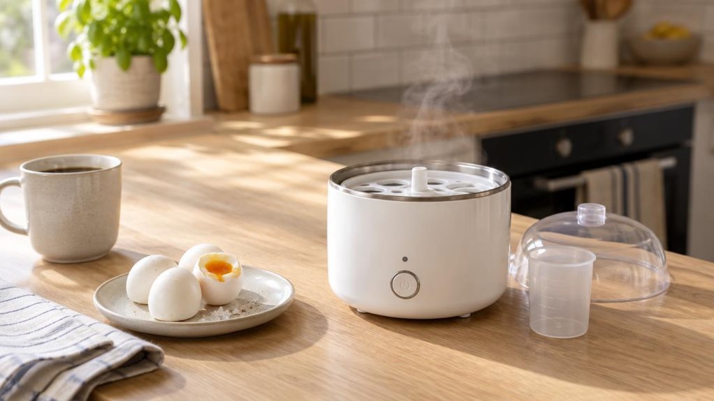 A photograph of a compact white egg cooker sitting on a light oak kitchen countertop, positioned slightly off-center to the right within a horizontal 16:9 frame. The cooker's cylindrical body shows its transparent measuring cup and lid resting beside it, with faint steam still rising from the unit, suggesting recent use. Three soft-boiled eggs sit cooling on a small ceramic plate nearby, one cracked open to reveal a golden yolk. Morning sunlight streams in from a nearby windo