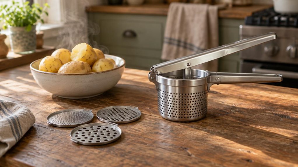 A photograph of a stainless steel potato ricer resting on a rustic wooden kitchen countertop, positioned slightly off-center to the right within a horizontal 16:9 frame. The ricer's sturdy handles and perforated hopper catch warm, natural light streaming in from a nearby window, casting soft shadows across the worn wood grain. Beside it, three interchangeable discs are neatly arranged, their fine, medium, and coarse holes visible in the daylight. A small pile of freshly boile