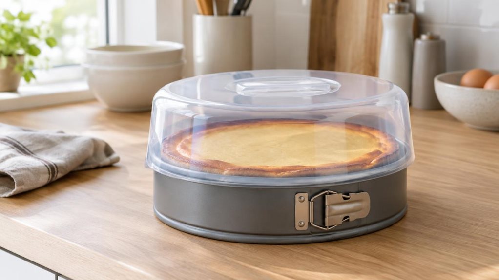A photograph of a springform cake tin with a transparent transport cover resting on a light oak kitchen counter in a bright, modern home, framed in a horizontal 16:9 landscape composition. The tin sits naturally in the foreground as the hero object, its matte metal base and smooth latch detail clearly visible, with the fitted cover placed neatly over it to suggest practical, everyday use. A freshly baked cheesecake is visible inside through the clear cover, subtly catching so
