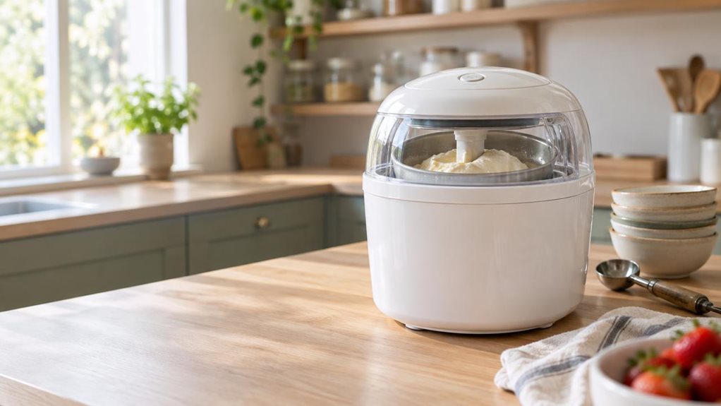A photograph of a sleek white ice cream maker resting on a light oak kitchen countertop, positioned near a sunlit window where soft, diffused morning light spills across its glossy curved lid. The machine's clear plastic viewing window reveals the freezing bowl mid-churn, hints of pale vanilla cream visible within. Condensation beads faintly along the rim of the mixing compartment. Beside it sits a stack of small ceramic bowls and a vintage ice cream scoop, slightly out of fo