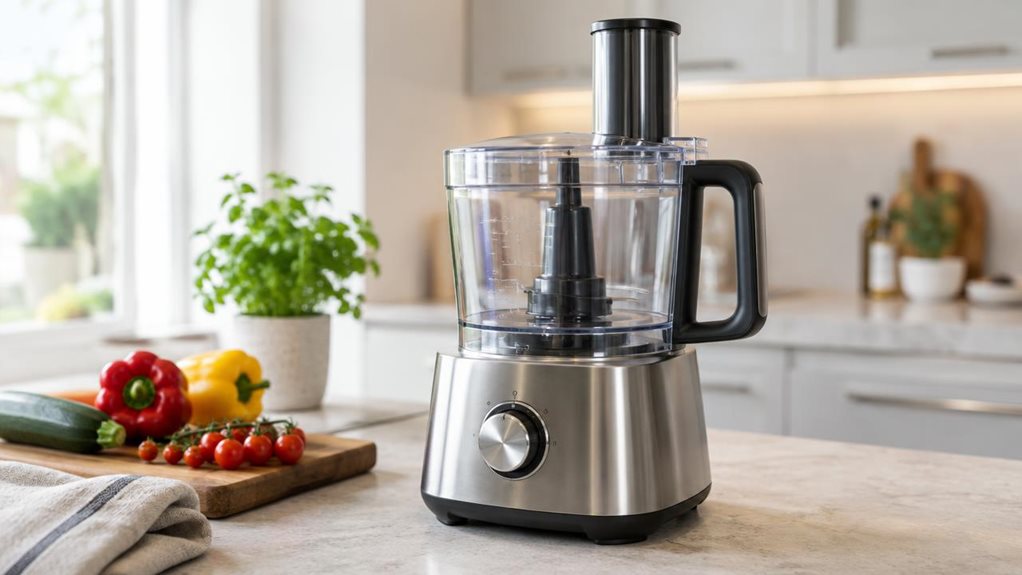A photograph of a ProfiCook PC-KM 1254 Titanium food processor in a bright, modern home kitchen, composed as a horizontal 16:9 landscape scene. The single appliance is the clear hero, resting naturally on a pale stone countertop beside a wooden cutting board, a few fresh vegetables, and a folded linen towel. Its brushed-metal finish, sturdy base, clear processing bowl, and neatly fitted lid are rendered with realistic detail, without any visible branding. The scene feels cand