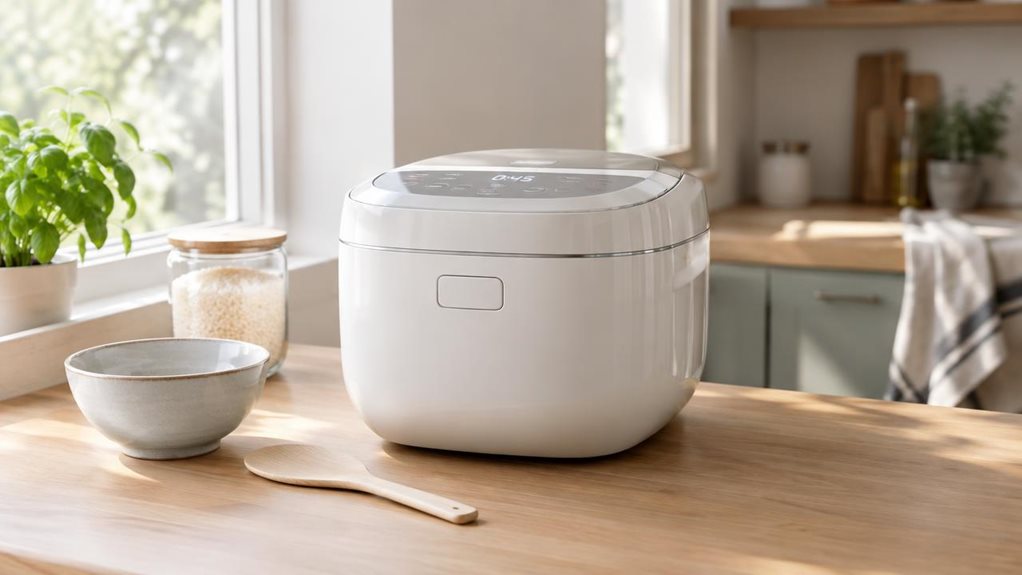 A photograph of a sleek, modern rice cooker styled as a lifestyle product in a bright, contemporary kitchen, framed in a horizontal 16:9 landscape composition. The appliance sits naturally on a light oak countertop beside a ceramic bowl, a wooden rice paddle, and a small glass jar of uncooked rice, suggesting quiet everyday use rather than a staged demo. Soft morning daylight streams in from a nearby window, creating gentle highlights on the smooth white body and subtle refle