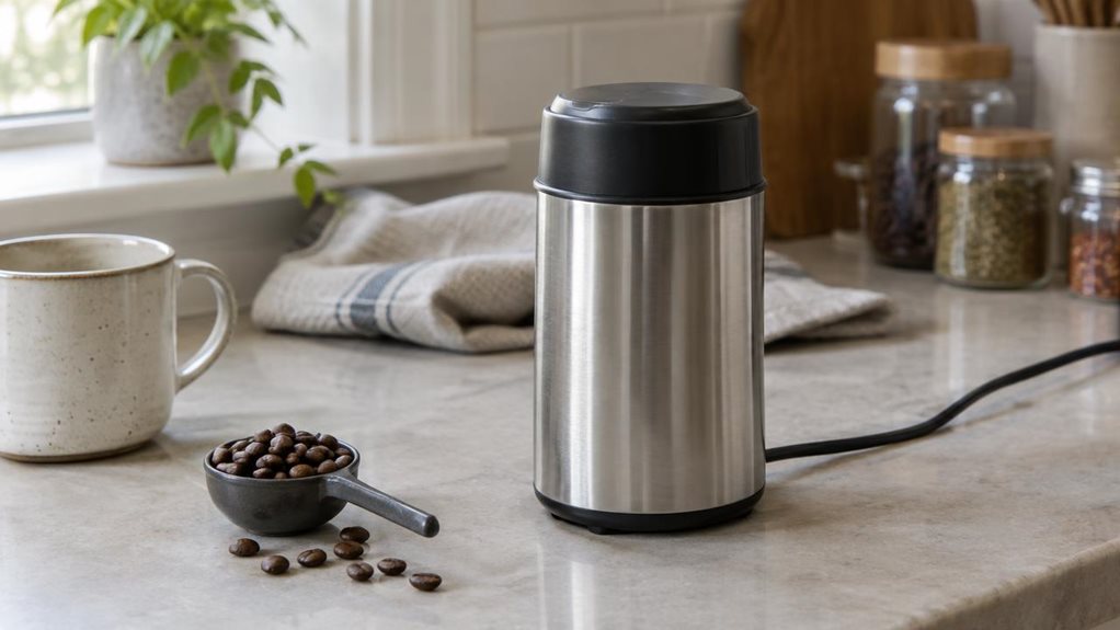 A photograph of a compact electric coffee and spice grinder resting on a clean kitchen counter, composed horizontally in a 16:9 landscape frame. The brushed stainless-steel cup and simple black lid are the clear focal point, with a small scoop of coffee beans and a ceramic mug nearby to suggest its everyday place in a home kitchen. A folded linen towel and a few spice jars sit casually in the background, softly blurred rather than arranged too precisely. Gentle natural light 