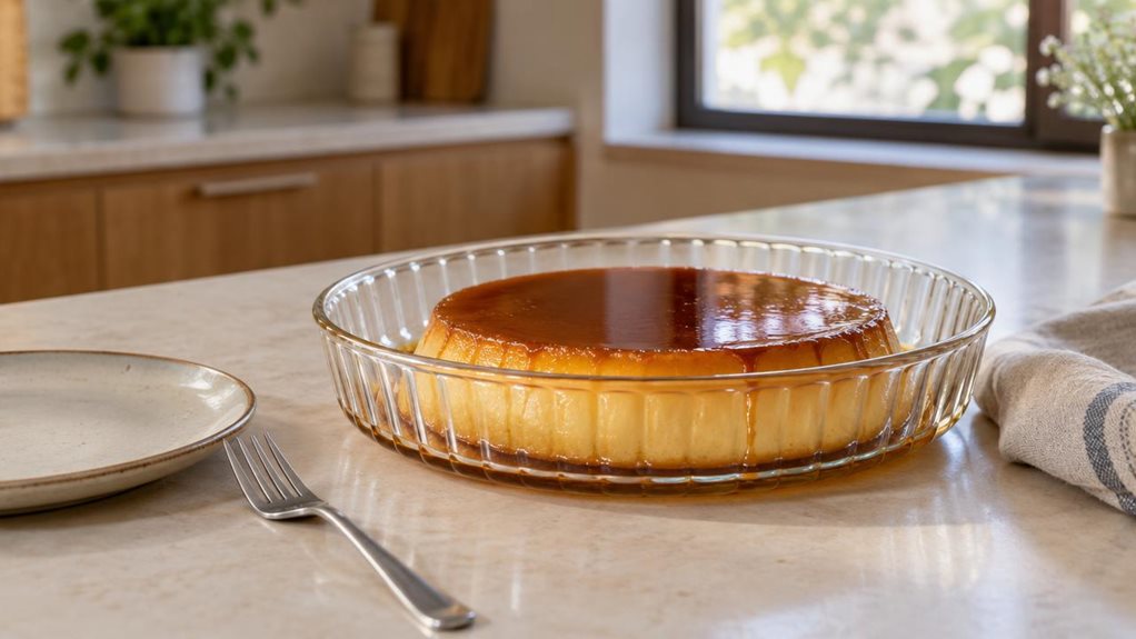 A photograph of a single clear glass flan dish resting on a pale stone kitchen counter, its shallow fluted sides and smooth rim catching the soft morning light. A golden flan sits inside, topped with a glossy amber caramel layer and a few delicate drips along the edge. The dish is the hero of a horizontally composed 16:9 landscape scene, naturally at home in a calm, modern kitchen. Nearby, a small dessert plate, a fork, and a folded linen tea towel suggest a relaxed moment af
