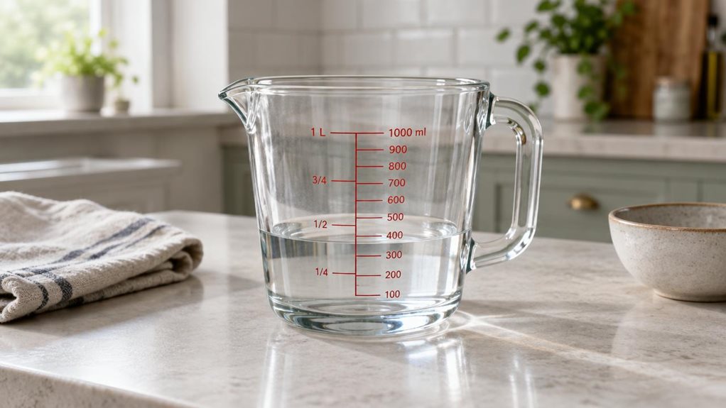 A photograph of a single clear 1-liter glass measuring jug resting on a pale stone kitchen countertop, composed as a horizontal 16:9 landscape scene. The jug is the unmistakable hero, positioned slightly off-center, with its sturdy handle, gently curved spout, and crisp red measurement markings clearly visible. A small amount of water catches the window light inside the glass. Nearby, a folded linen tea towel and a simple ceramic bowl suggest an everyday home kitchen without 