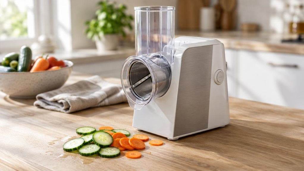 A photograph of a compact electric vegetable slicer resting on a light oak kitchen countertop, positioned slightly off-center within the frame. The slicer features a sleek white and brushed-steel body with a transparent plastic food chute on top, catching soft daylight that streams in from a nearby window. Beads of moisture glisten faintly on a few fresh-cut cucumber and carrot slices scattered artfully beside the base, suggesting recent use without showing any action. A fold