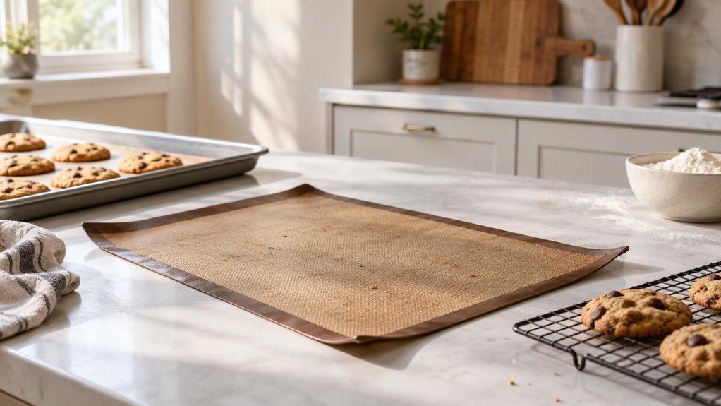 A photograph of a single reusable baking sheet resting on a clean kitchen counter beside a baking tray, with a few cooling cookies nearby. The sheet is the clear hero, shown with realistic woven texture, gently curled corners, and subtle signs of everyday use. In the background, a softly blurred modern home kitchen features pale cabinetry, a wooden cutting board, and a small bowl of flour. Natural window light falls across the counter, creating soft shadows and a warm, candid