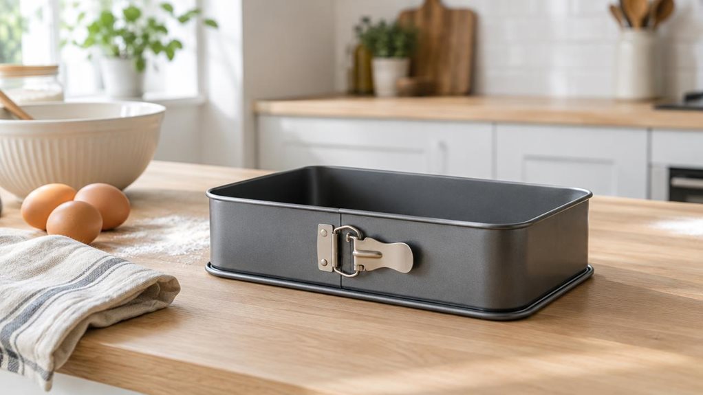 A photograph of a single rectangular springform cake tin resting on a light oak kitchen counter in a bright, modern home kitchen, captured in a horizontally composed 16:9 landscape frame. The pan is the clear hero of the scene, positioned slightly off-center beside a folded linen towel, a few eggs, and a dusting of flour, suggesting quiet baking preparation without any action. Its clean lines, matte metallic finish, and latch detail are sharply rendered, while the surrounding