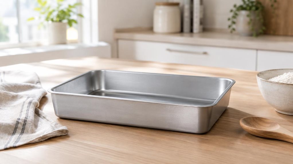 A photograph of a single baking tin displayed in a bright, modern kitchen, framed in a horizontally composed 16:9 landscape scene. The metal tin sits naturally on a light oak countertop beside a folded linen towel, a wooden spoon, and a small bowl of flour, suggesting a quiet baking setup rather than an active moment. Soft daylight streams in from a nearby window, creating gentle highlights along the tin’s smooth, slightly brushed surface and subtle shadows across the worktop
