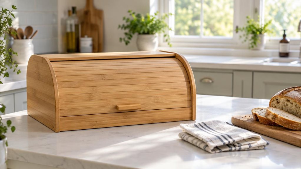 A photograph of a single bamboo bread bin resting on a bright kitchen countertop, composed as a horizontal 16:9 landscape scene. The bin is the clear hero, its warm natural grain and smooth roll-top lid shown in crisp detail, with a neatly folded cotton tea towel beside it and a few slices of crusty bread on a small wooden board nearby. The setting feels lived-in yet uncluttered, with pale cabinetry, subtle greenery, and a sunlit window softly blurred in the background. Gentl