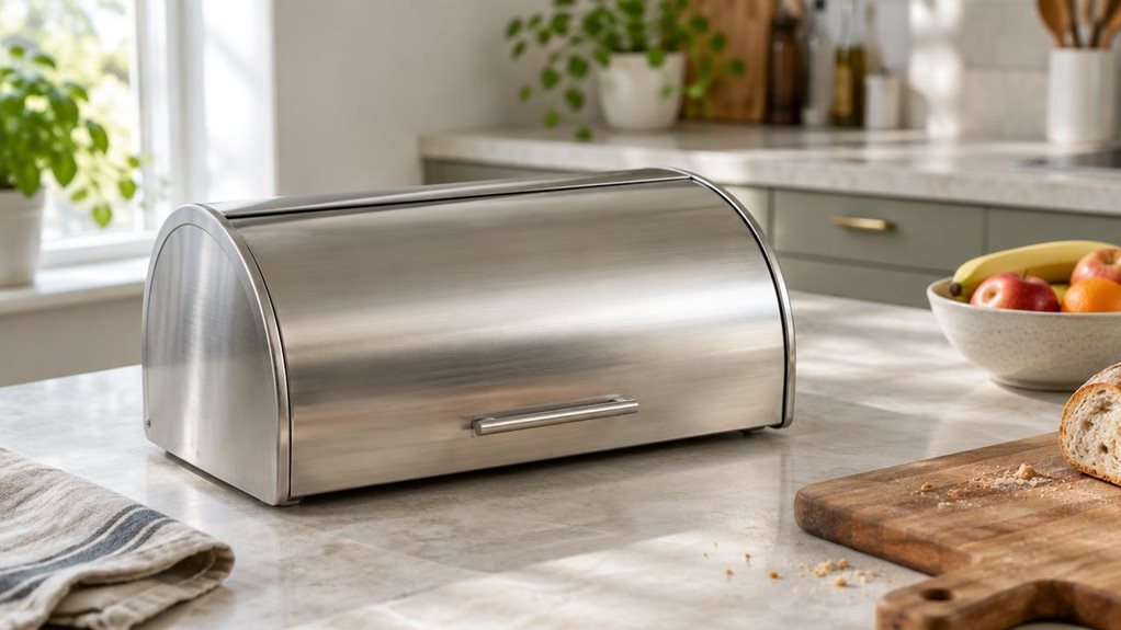 A photograph of a single stainless steel bread bin resting on a pale stone countertop in a bright, modern kitchen, composed horizontally in a 16:9 landscape frame. The bin is the clear hero, shown at a natural three-quarter angle with its smooth brushed-metal finish, gently curved lid, and subtle reflections rendered in crisp detail. Nearby, a wooden cutting board and a few crumbs suggest everyday use, while a folded linen tea towel and a small bowl of fruit add understated w