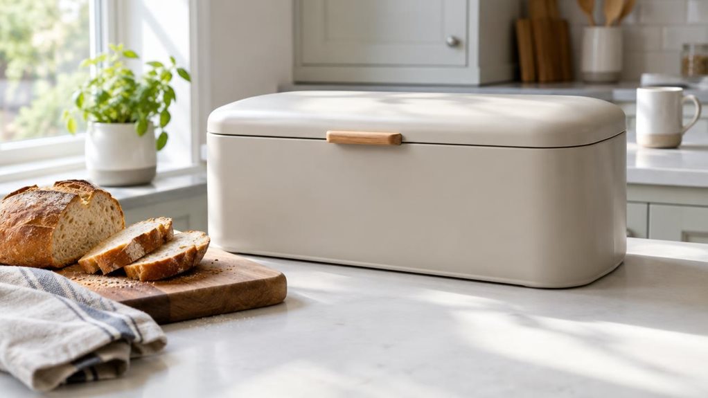 A photograph of a single bread bin with a fitted lid, shown in a horizontally composed 16:9 landscape scene on a bright, modern kitchen counter. The bin is the clear hero, positioned naturally beside a wooden chopping board with a few slices of crusty bread and a folded linen tea towel. Its clean, practical design and subtle neutral finish suit the calm, contemporary kitchen without looking staged. Soft daylight falls across the countertop from a nearby window, creating gentl
