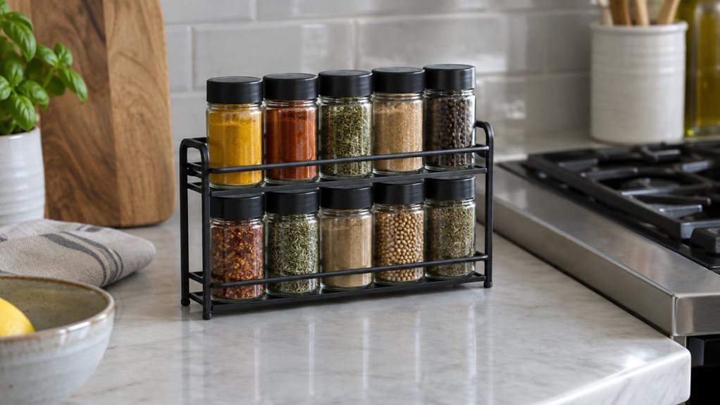 A photograph of a single compact spice rack holding ten clear glass jars, arranged neatly on a kitchen counter beside a stove. The rack is the hero of a horizontally composed 16:9 landscape scene, with its simple black metal frame and matching lids clearly visible; the jars contain colorful spices, from golden turmeric and paprika to dried green herbs and peppercorns. A few understated kitchen details—a wooden cutting board, a folded linen towel, and the edge of a ceramic bow
