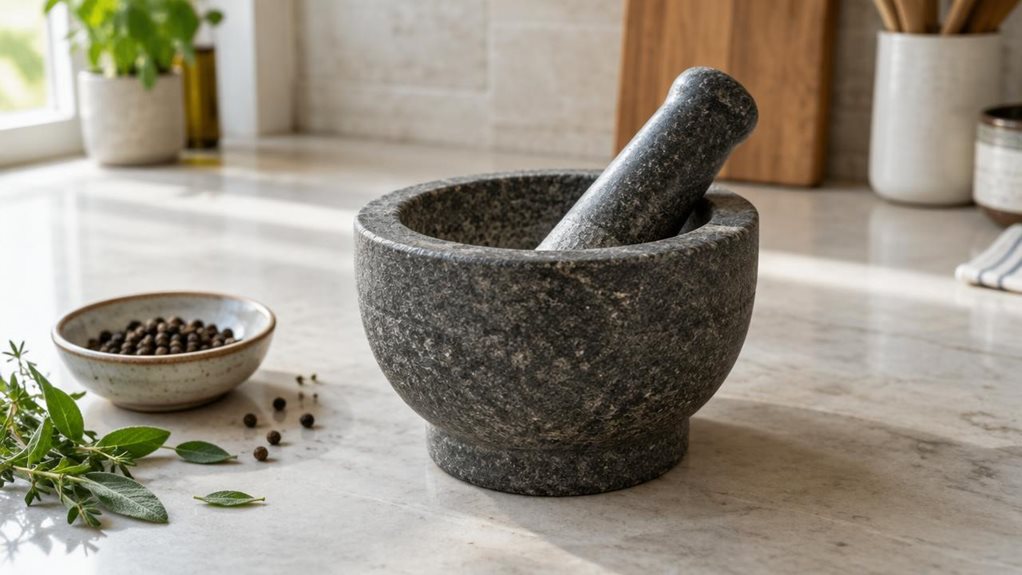 A photograph of a single granite mortar with its matching pestle resting inside, displayed on a clean kitchen counter in a horizontally composed 16:9 landscape scene. The mortar is the clear focal point, its heavy charcoal-gray stone showing realistic speckles, subtle texture, and a gently worn inner bowl. Nearby, a small ceramic dish of whole peppercorns and a few scattered herb leaves suggest its place in everyday cooking without making the scene feel staged. A pale stone b