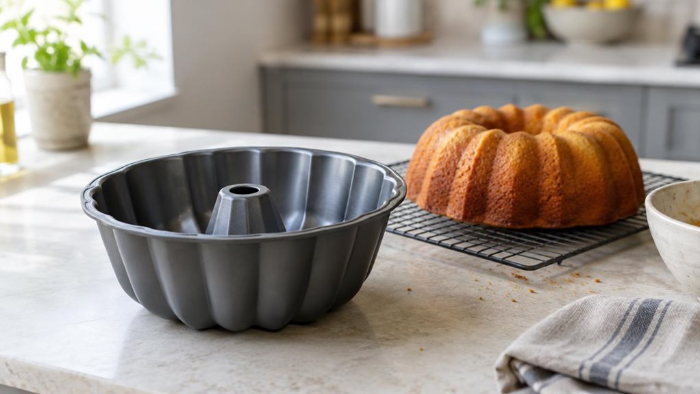 A photograph of a single dark gray Bundt cake mould resting on a pale stone kitchen counter beside a freshly baked golden cake, showing the mould’s fluted ring shape and clean non-stick interior. A few crumbs and a cooling rack nearby suggest a recent baking test, while a folded linen towel and simple ceramic bowl add a relaxed, lived-in touch. The mould is the clear hero, naturally placed in a bright modern home kitchen rather than arranged like a catalogue display. Horizont