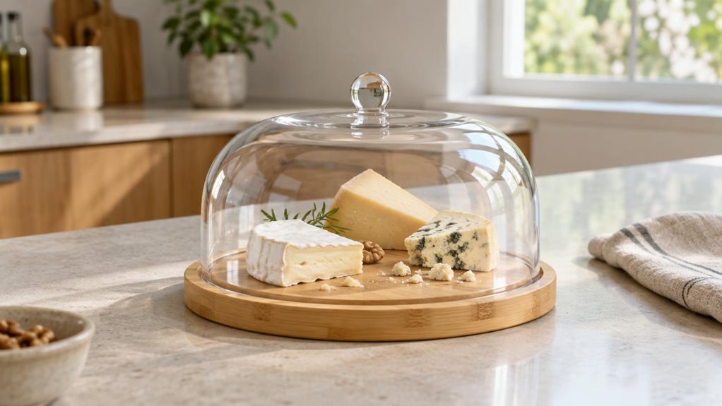 A photograph of a Relaxdays-style cheese dome with a bamboo cheese board, shown as a single product in a horizontally composed 16:9 landscape scene. The clear glass dome rests on its round bamboo base on a pale stone kitchen island, with a few neatly arranged wedges of cheese and scattered crumbs visible beneath the glass. Soft grain in the bamboo and subtle reflections on the dome make the materials feel lifelike. The setting is a calm, modern kitchen with warm wood accents