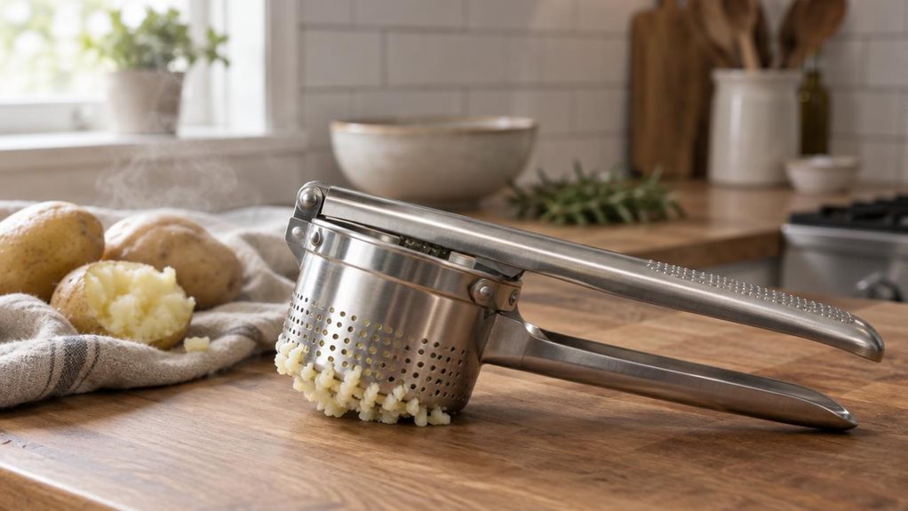 A photograph of a stainless steel potato ricer resting on a wooden kitchen countertop, positioned diagonally across the lower third of the frame in a horizontal 16:9 composition. The ricer's polished metal body catches soft, natural window light streaming in from the left, creating subtle highlights along its curved handles and perforated hopper. A few freshly boiled potatoes sit beside it on a linen cloth, with one partially riced, the pale mash visible through the holes. In