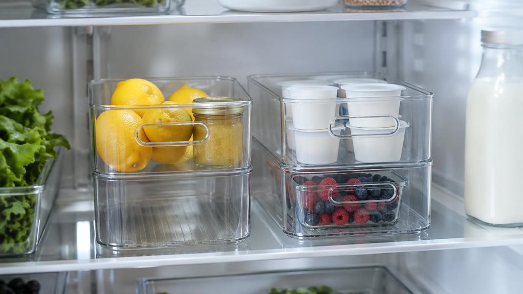 A photograph of a clear, two-tier fridge organiser set resting on a middle shelf inside a neatly arranged modern refrigerator, composed as a horizontal 16:9 landscape scene. The two transparent bins sit side by side, their softly rounded edges and integrated handles catching the light. One holds a few fresh lemons and a small jar; the other contains neatly stacked yogurt cups and a handful of berries in a glass dish. Nearby, leafy greens and a bottle of milk add a lived-in to